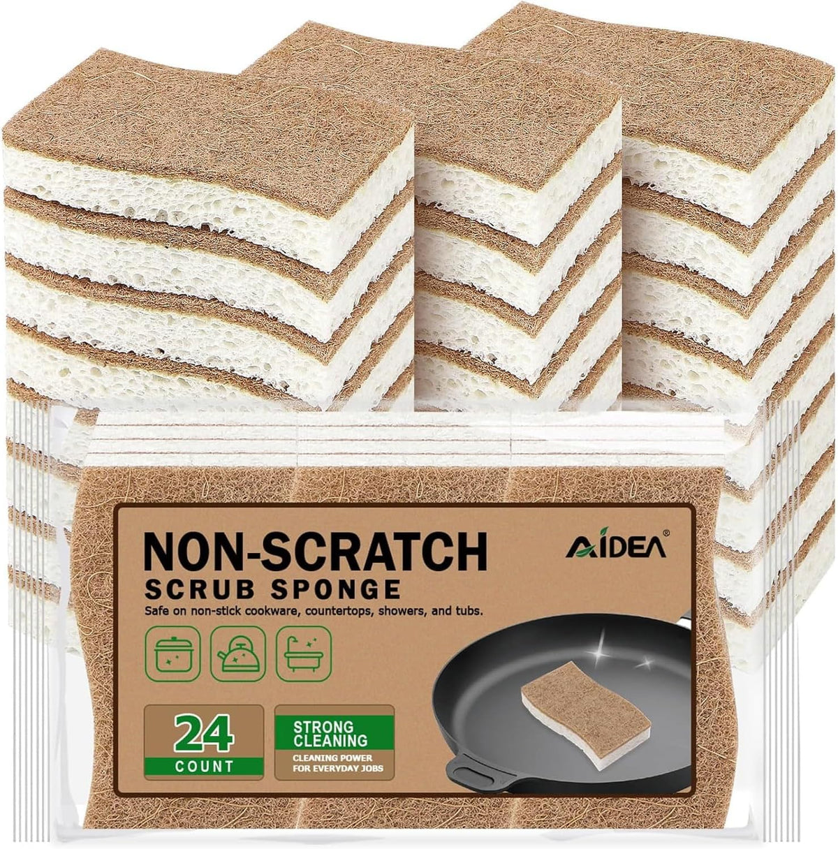 Aidea non scratch 24 count natural cellulose sponge front view kitchen cleaning