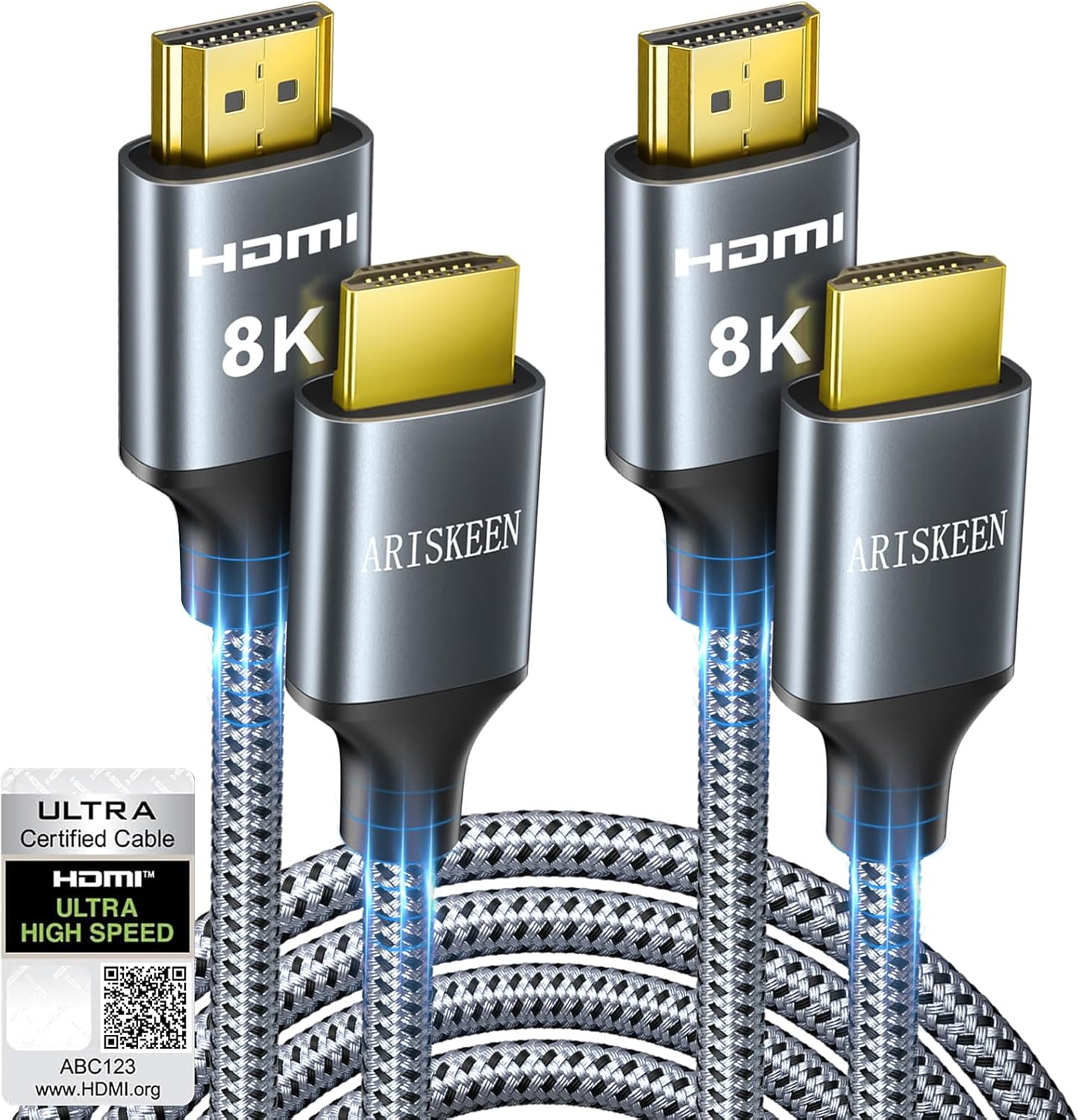 Ariskeen 8K HDMI Cable 2-pack premium front view showcasing metallic gold-plated connectors.