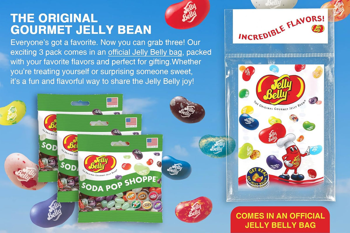 Assorted vibrant soda flavored gourmet jelly beans displayed outside the grab and go bag.