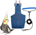 VANFAVORI bird diaper harness flight suit front view showing the blue denim material with white star print and the attached flying leash cord.