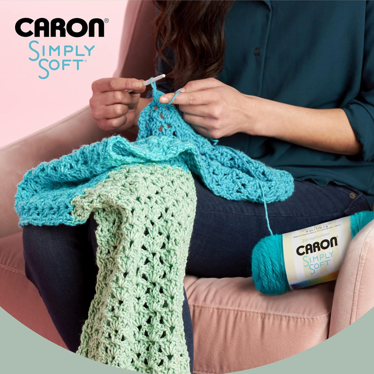 Caron Simply Soft yarn skeins showing pink blue and purple tones