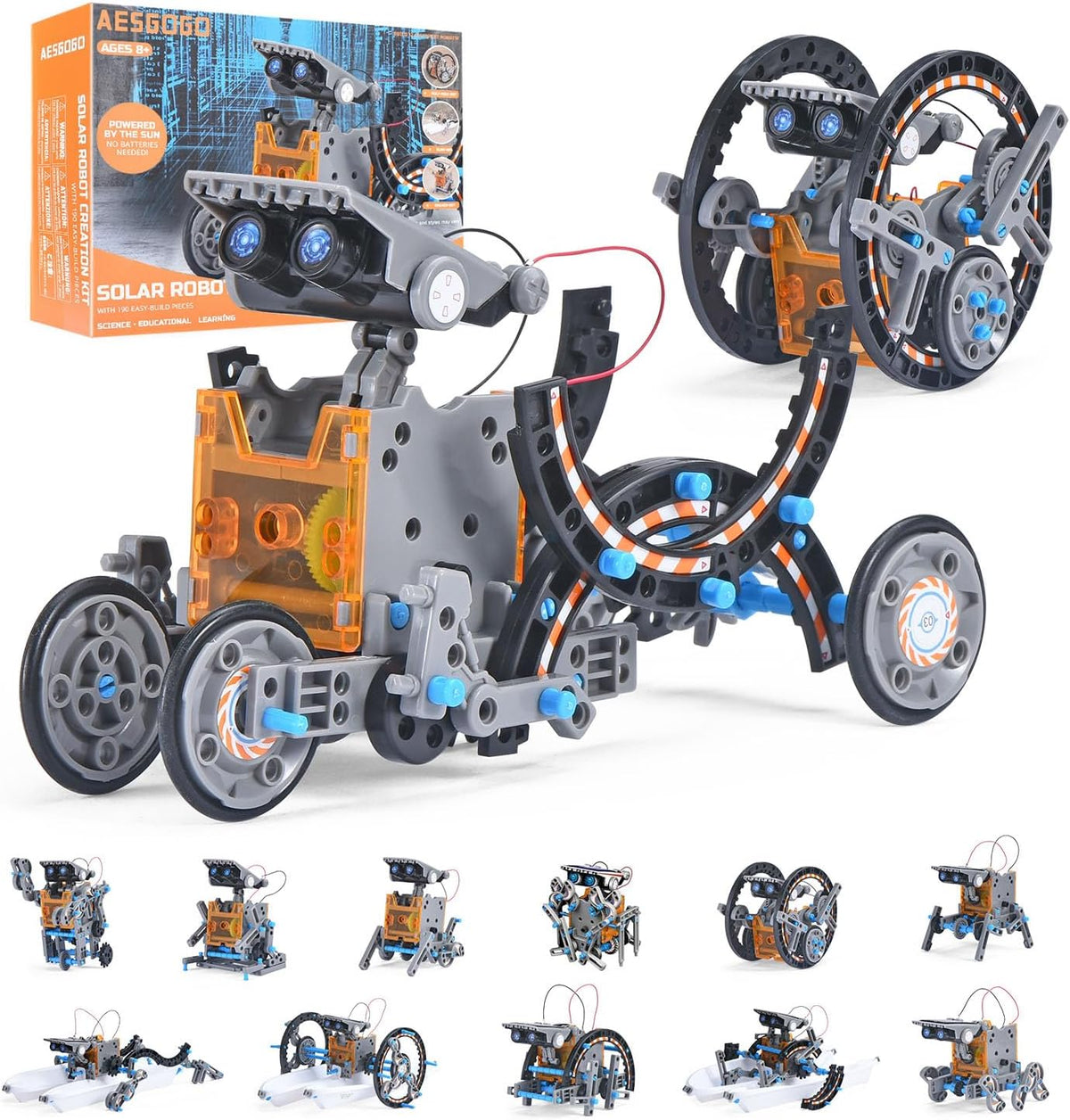 AESGOGO 12-In-1 Solar Robot Kit front packaging view showcasing various assembled mechanical robot forms.