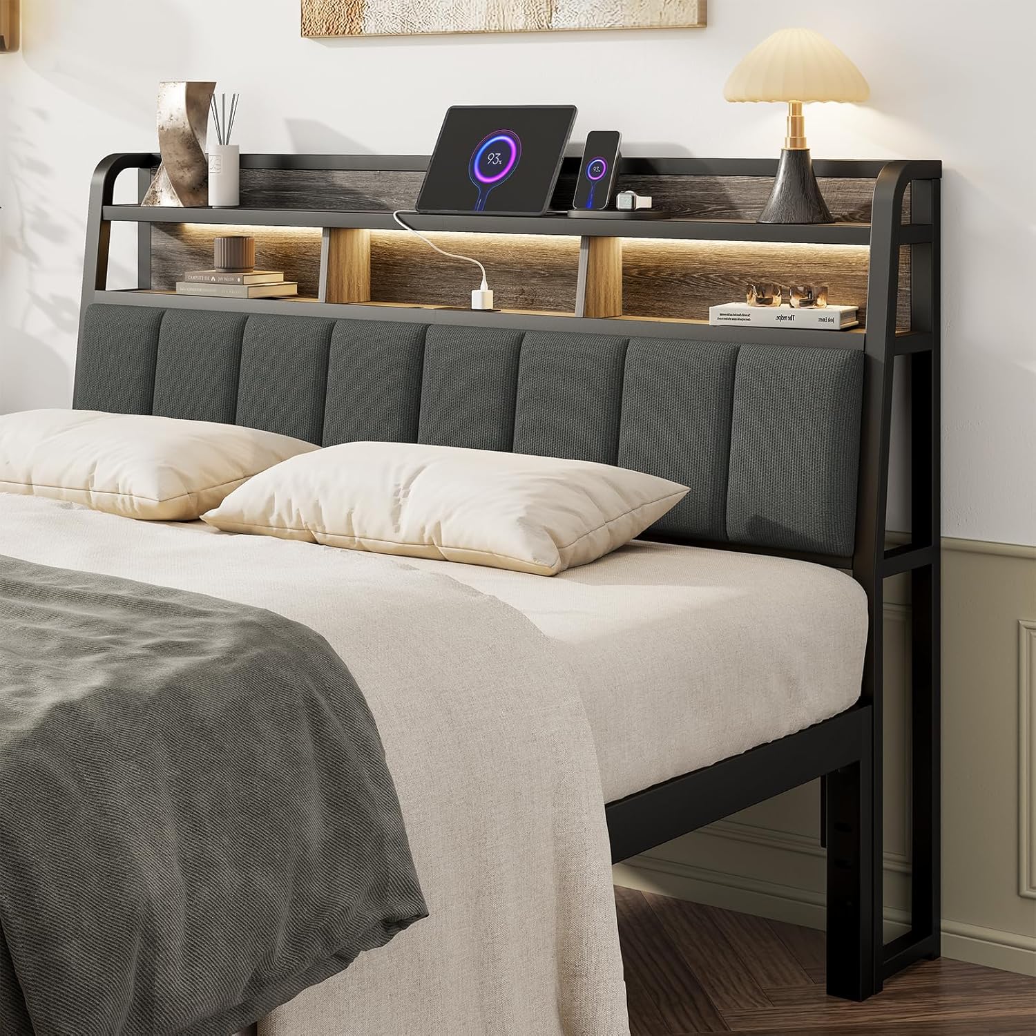 Lefurture queen upholstered headboard with storage front view showcasing smart modern bedroom furniture.