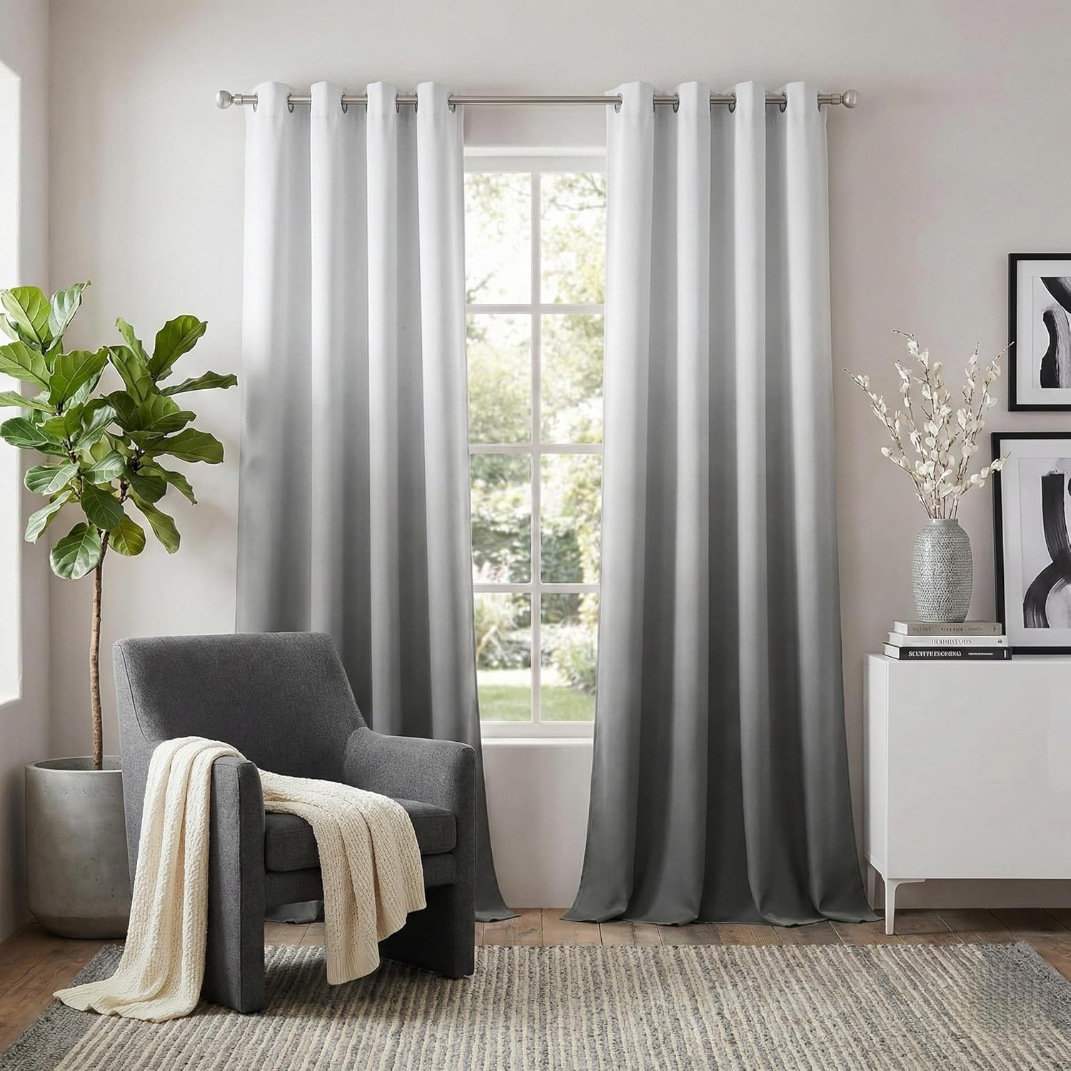 NICETOWN white and grey room darkening curtains front view showing the elegant ombre gradient pattern hanging on a rod.