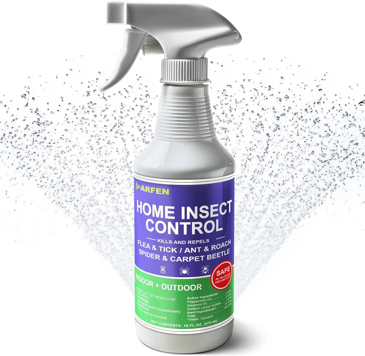 ARFEN Home Insect Pest Control Spray 16 Fluid Ounce front view bottle showcasing natural peppermint oil ingredients.