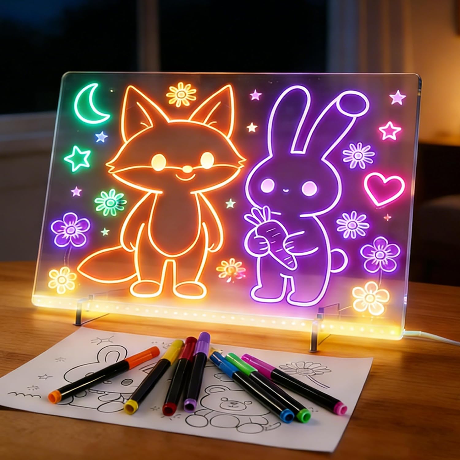 Bailkind LED drawing board for kids front view showing illuminated glowing neon artwork on clear acrylic panel.