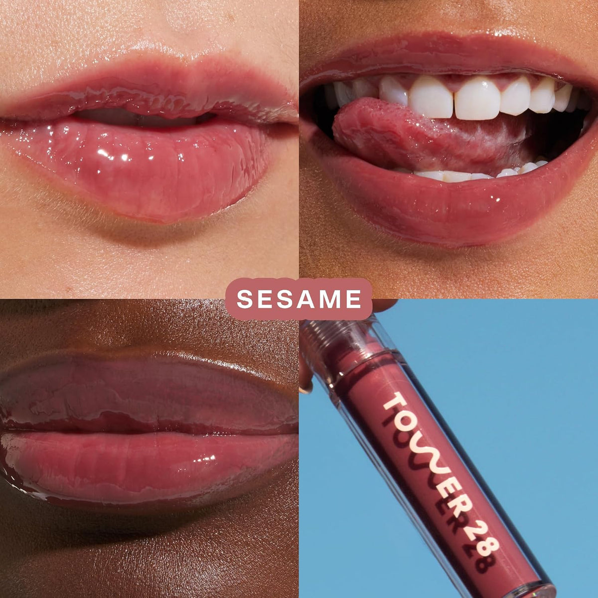 Tower 28 ShineOn Milky Lip Jelly in Sesame mauve shade close up view.