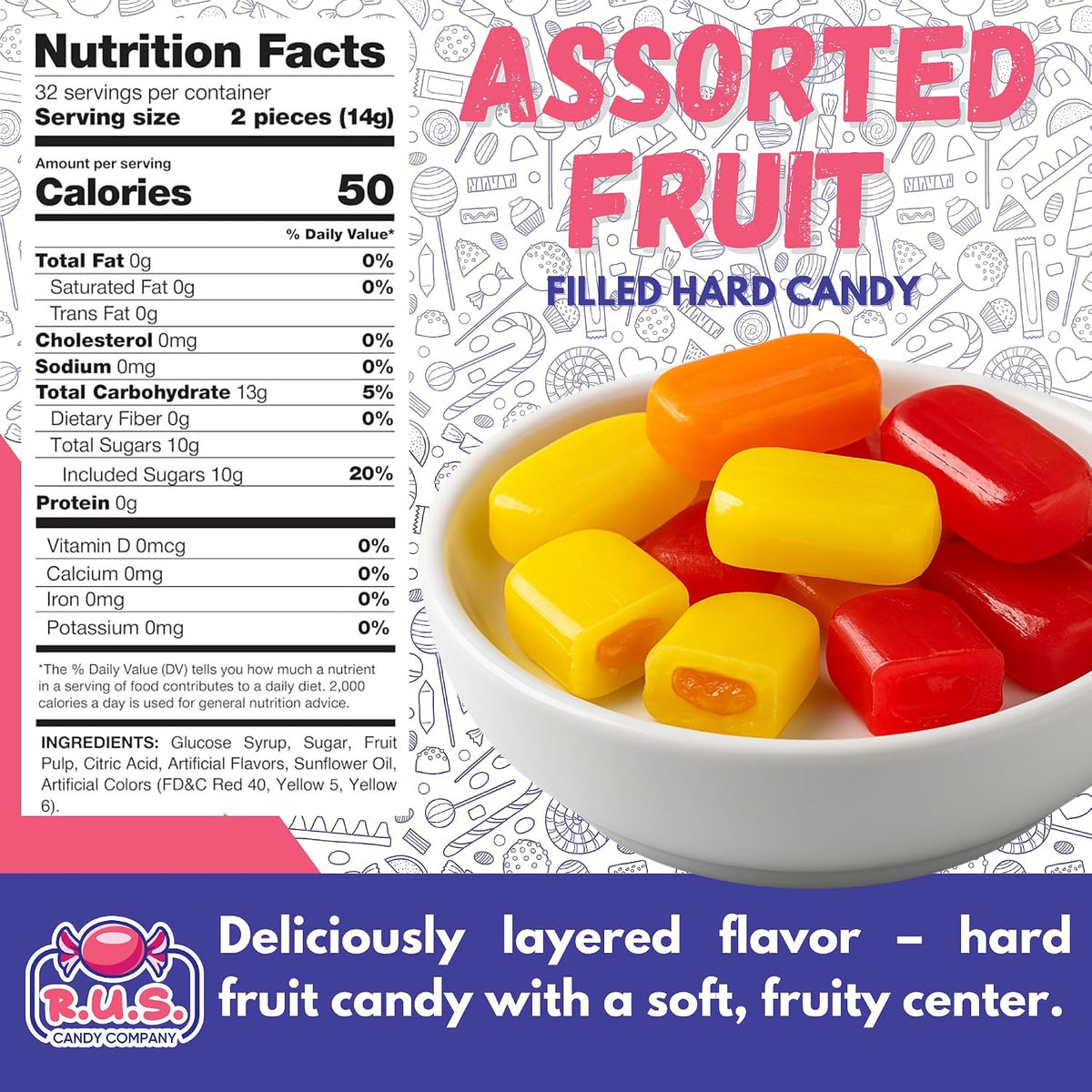 R.U.S. Candy assorted fruit flavor hard candy individually wrapped pieces scatter view