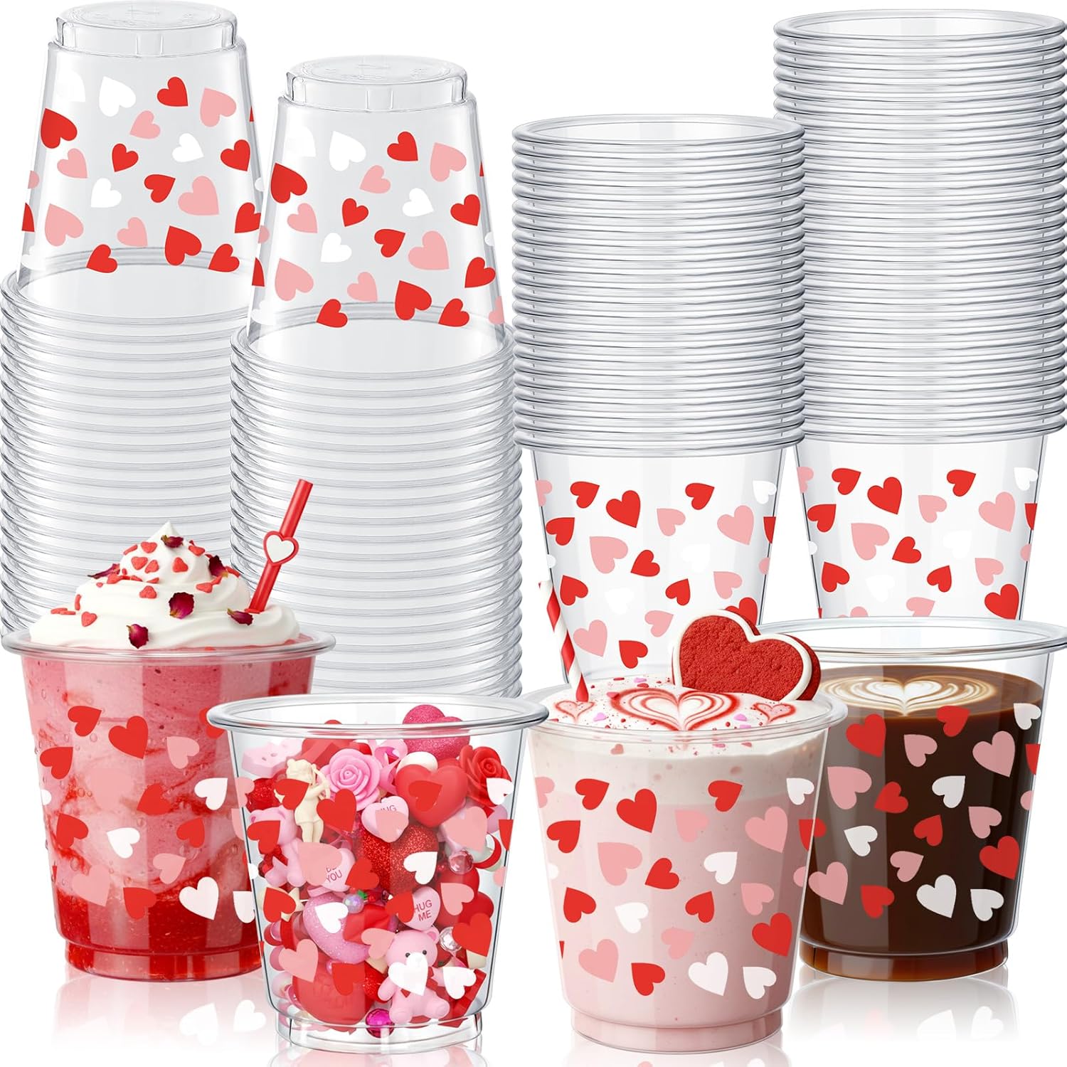 Qinyoung Valentine's Day Plastic Shot Cups front view with heart patterns.
