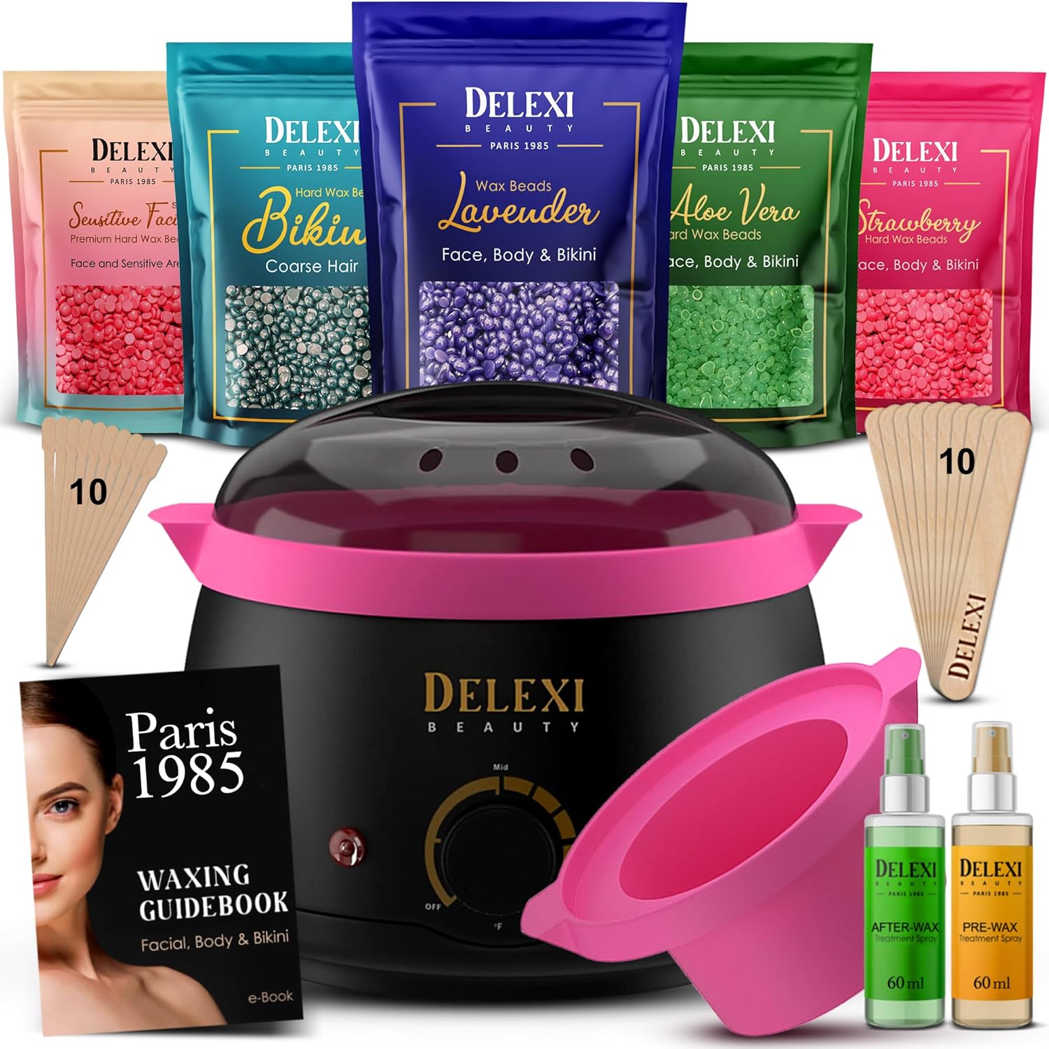 DELEXI premium waxing kit front view showcasing the black wax warmer machine with pink silicone accessories and five bags of hard wax beads.