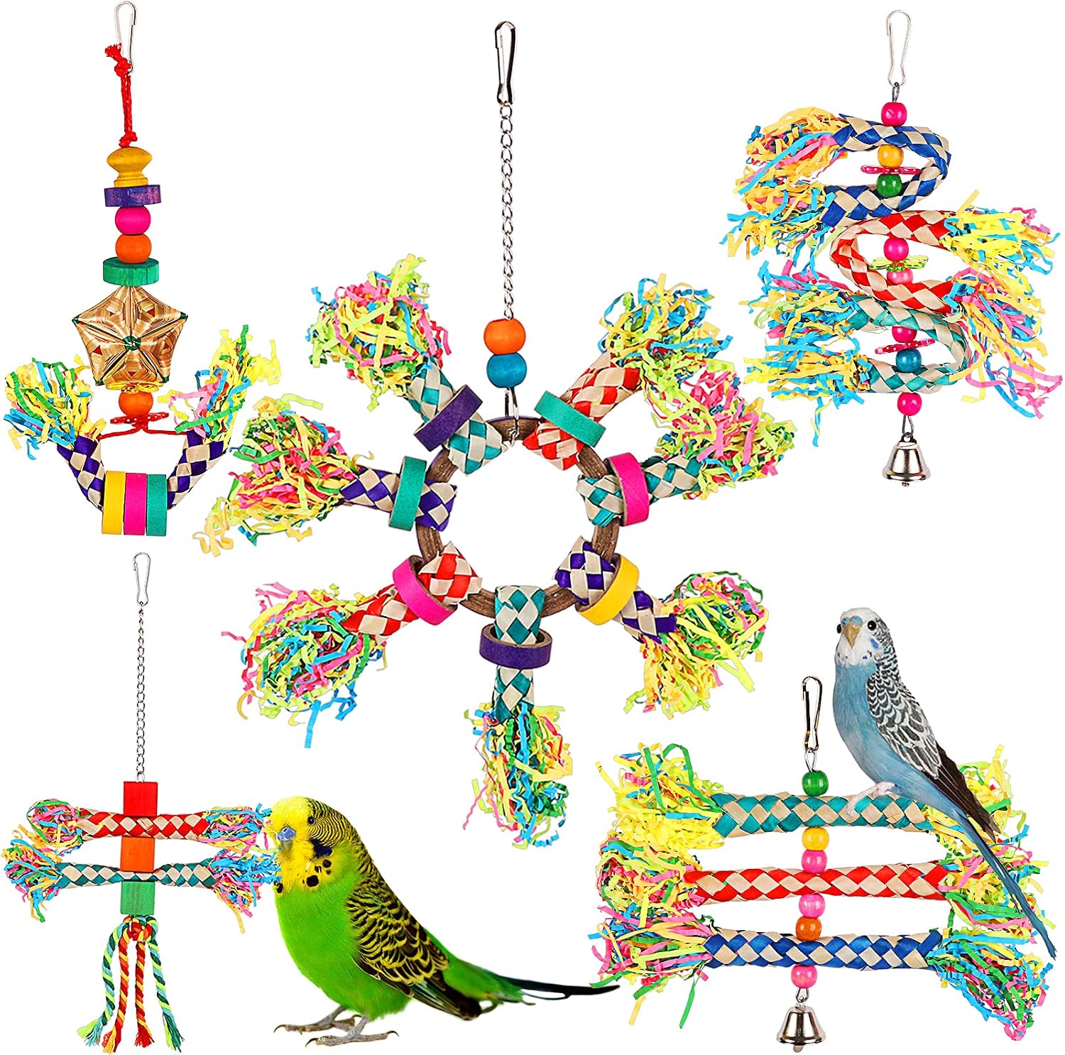 LifeIdeas bird shredding toys pack of five front view interactive hanging parrot accessories