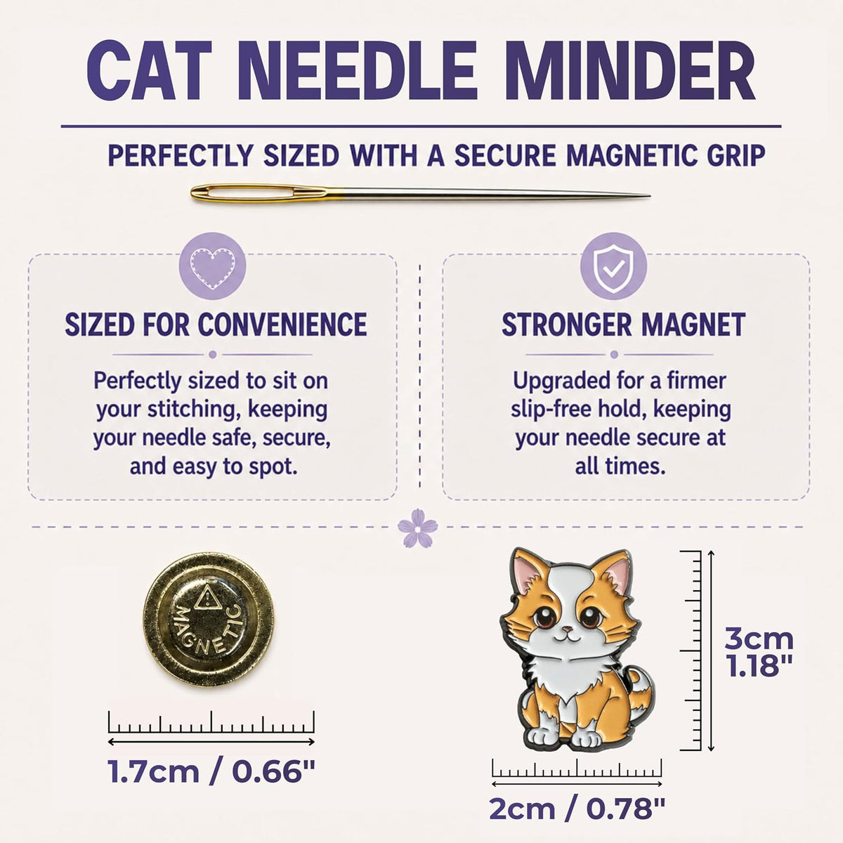 The Quilted Bear cat enamel needle keeper showing dual magnet mechanism