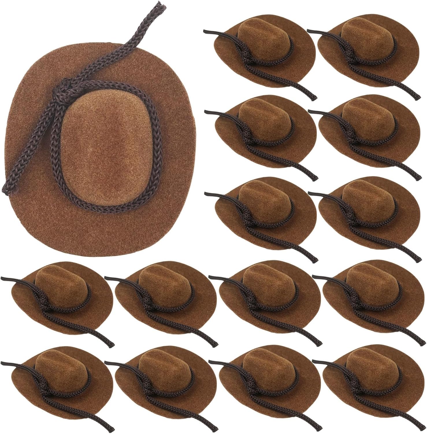SHEHARUHI mini cowboy flocked doll hat set front view showing realistic brown textured design