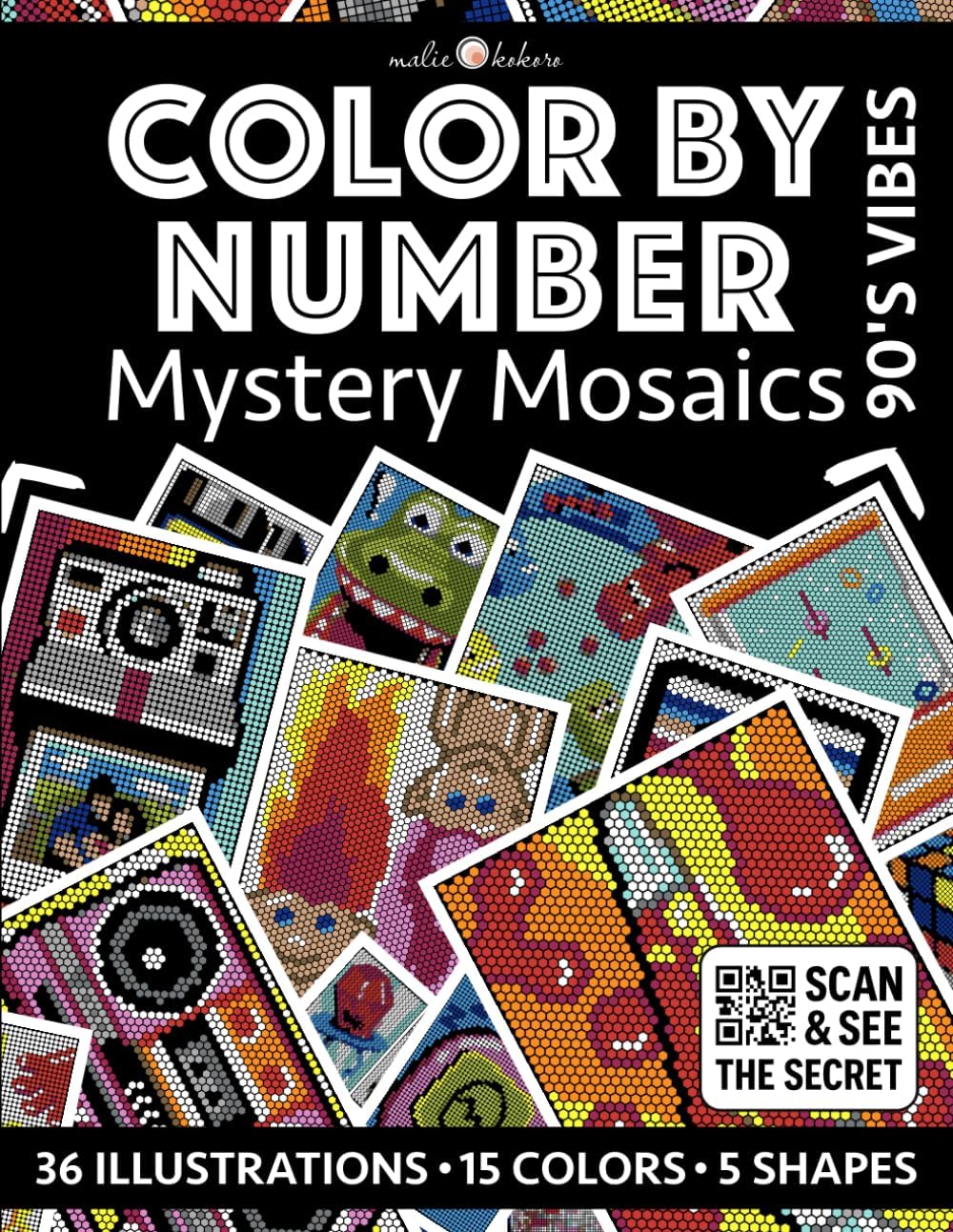 Color by Number: 90's Vibes | Mystery Mosaics Coloring Book for Adults | Black Background Edition: Color Quest with Circle, Square, Triangle, Diamond, ... (Color by Number - Black Edition | Pixelart) - Image 1