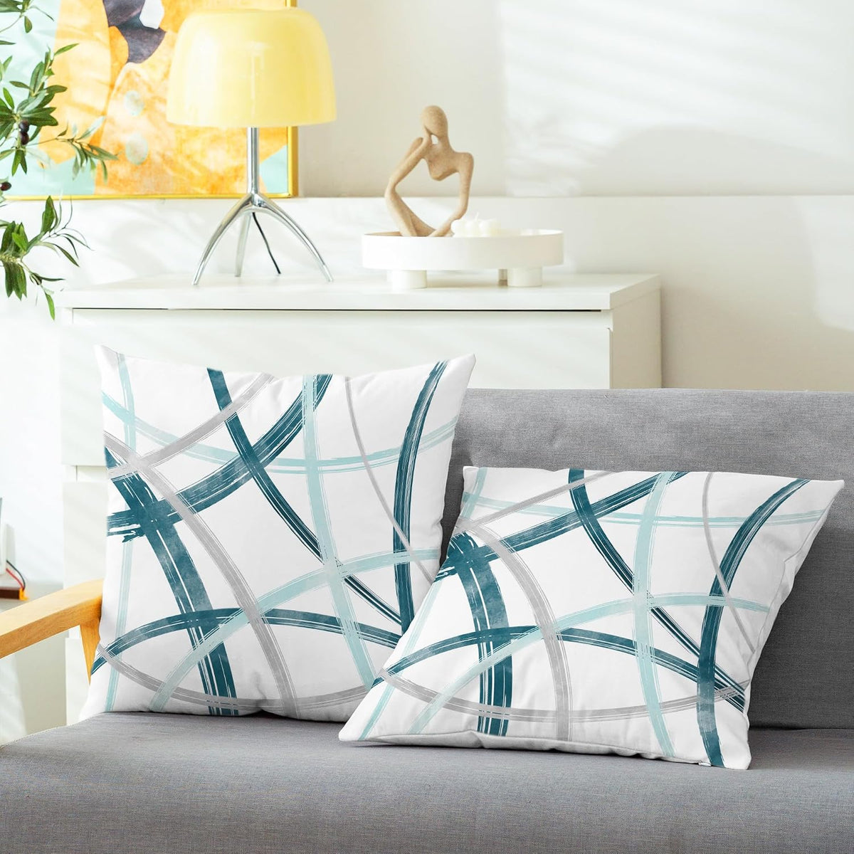 CaliTime teal geometric cushion covers fabric closeup