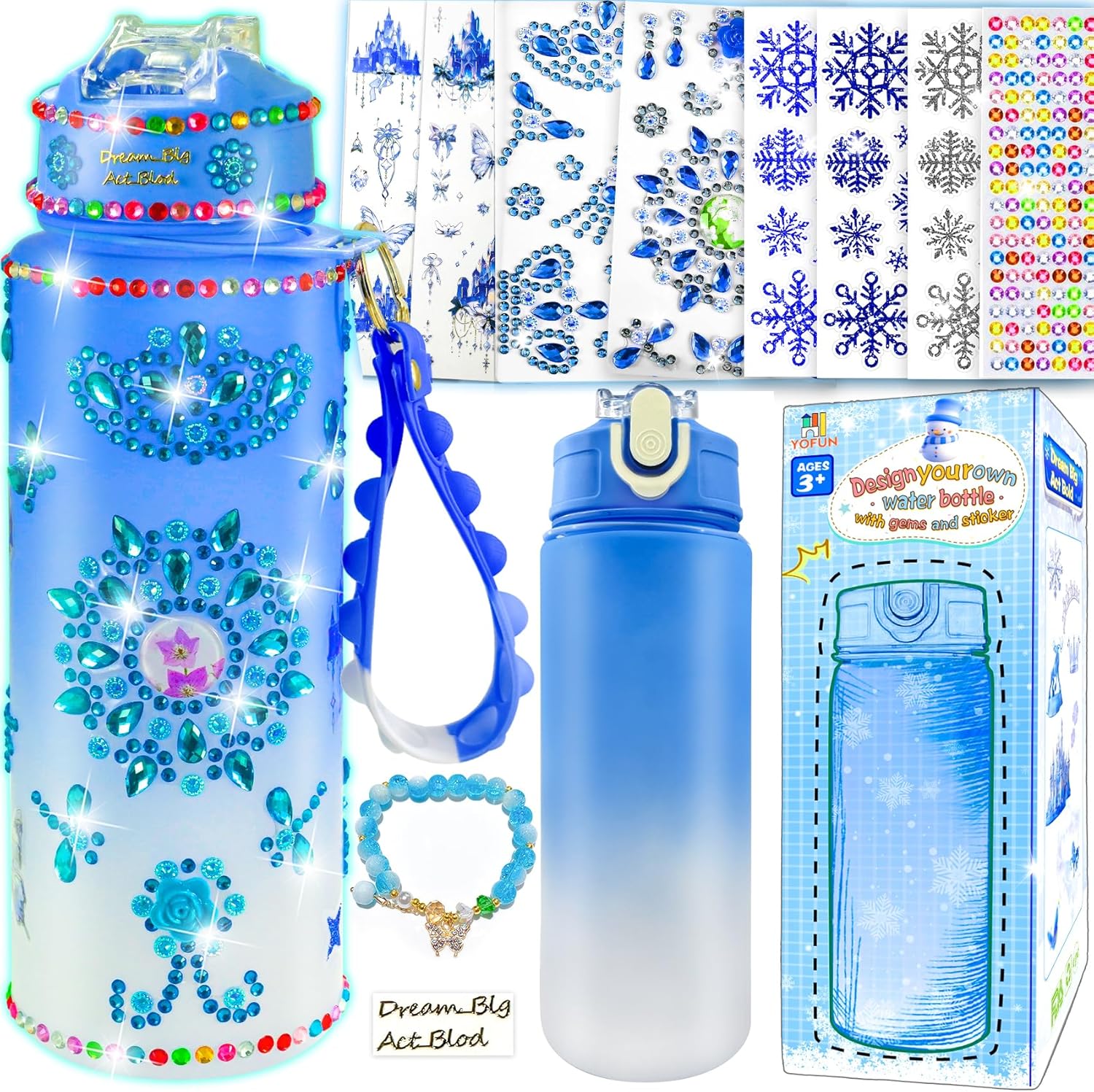 Y YOFUN Decorate Your Own Frozen Water Bottle Kit front view showcasing the blue plastic bottle and elsa theme stickers.
