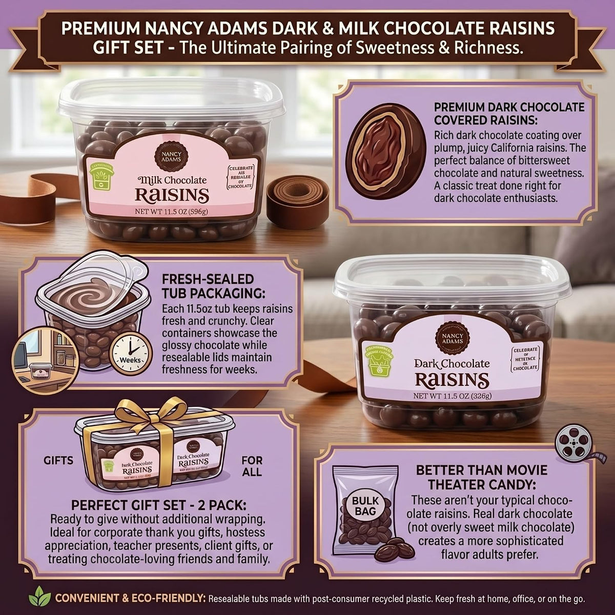 Tree Treasures Premium Chocolate Raisins assorted twin pack showing milk and dark variants