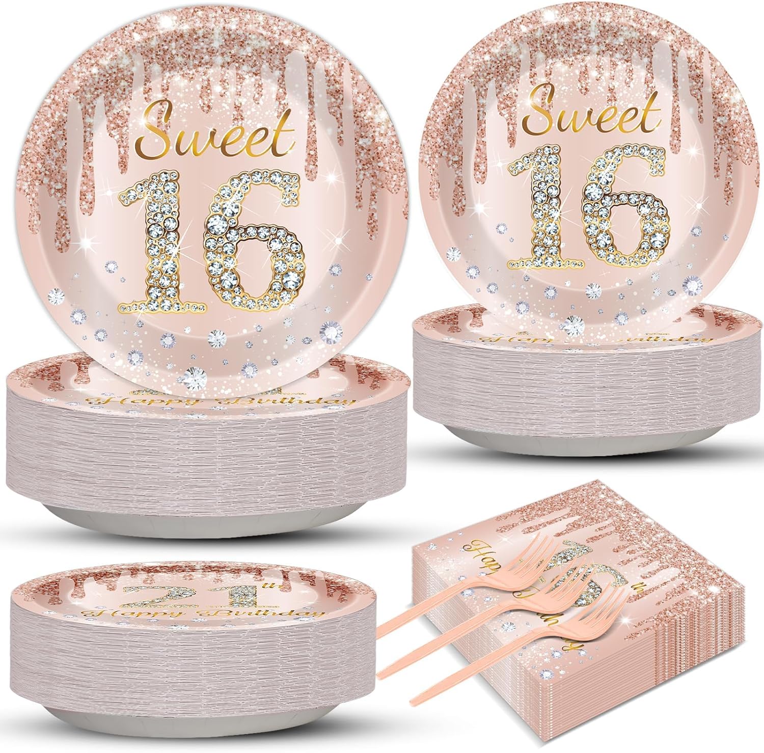 Chunnin Rose Gold Sweet 16 party plates set front view