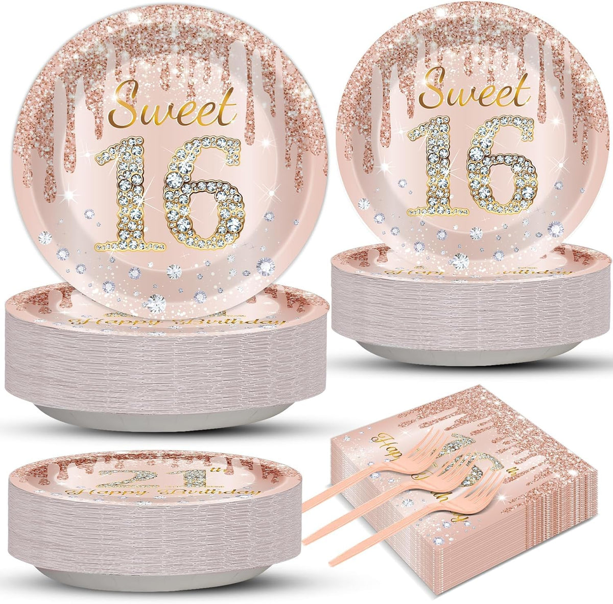Chunnin Rose Gold Sweet 16 party plates set front view