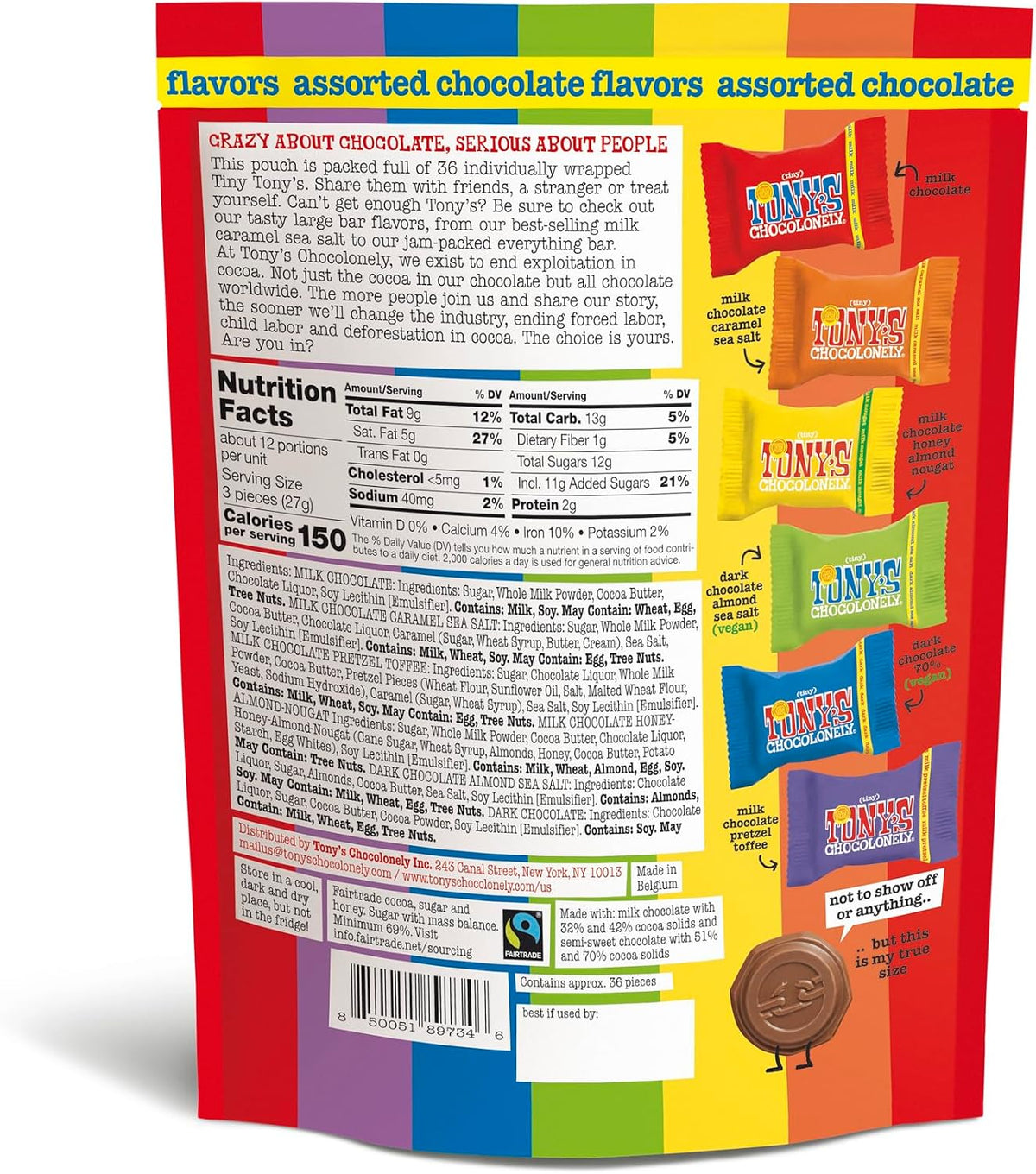 Fairtrade certified premium chocolate variety assortment back label details