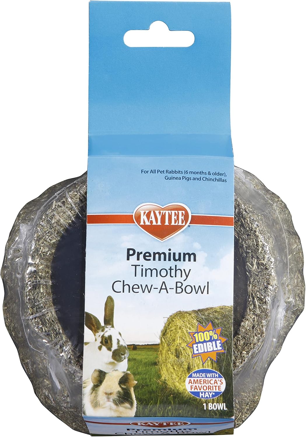 Kaytee small animal treat bowl showcasing textured compressed fibrous hay material close up.