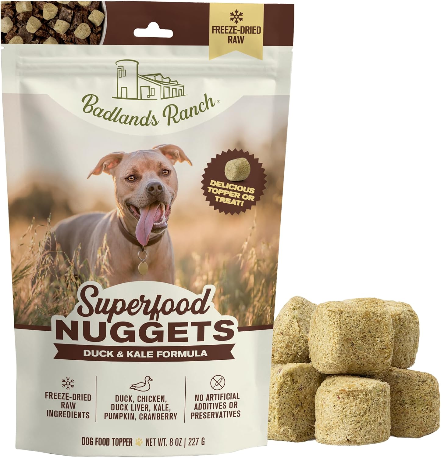 Badlands Ranch Superfood Nuggets Duck and Kale Formula 8 ounce bag front view