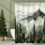 Litabel Dark Green Misty Pine Forest Shower Curtain front view hanging in a rustic bathroom decor setup.