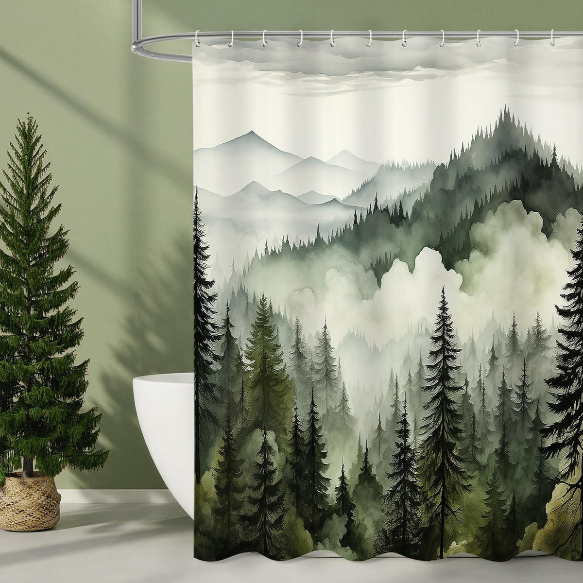 Litabel Dark Green Misty Pine Forest Shower Curtain front view hanging in a rustic bathroom decor setup.