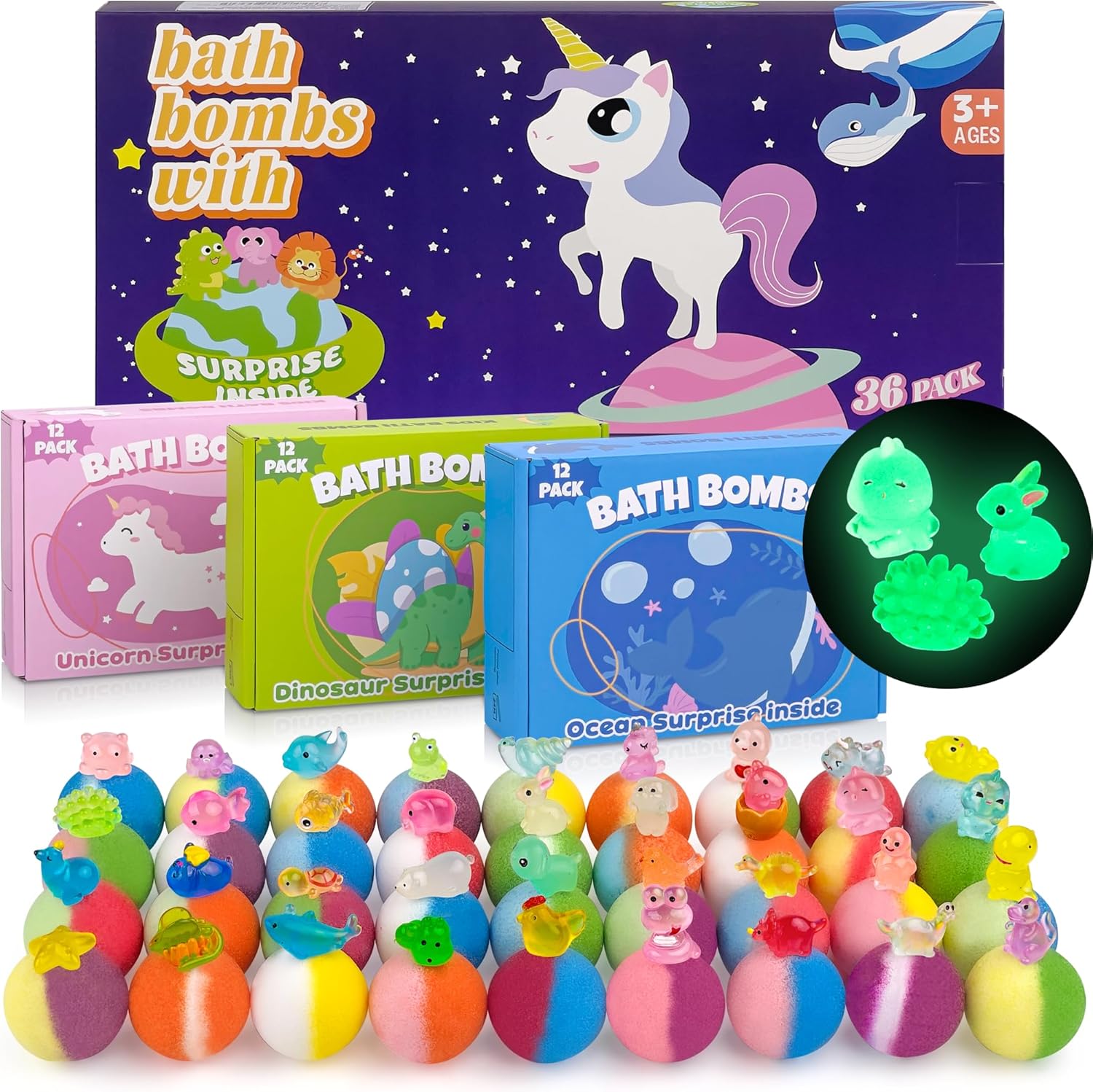 Bath Bombs for Kids with Toy Inside, 36 Pcs Bath Bombs with Glow in The Dark Dinosaur, Animal and Ocean Surprise Inside, Handmade Organic Bubble Bath Ball Gift Set for Birthday, Easter, Christmas - Image 1