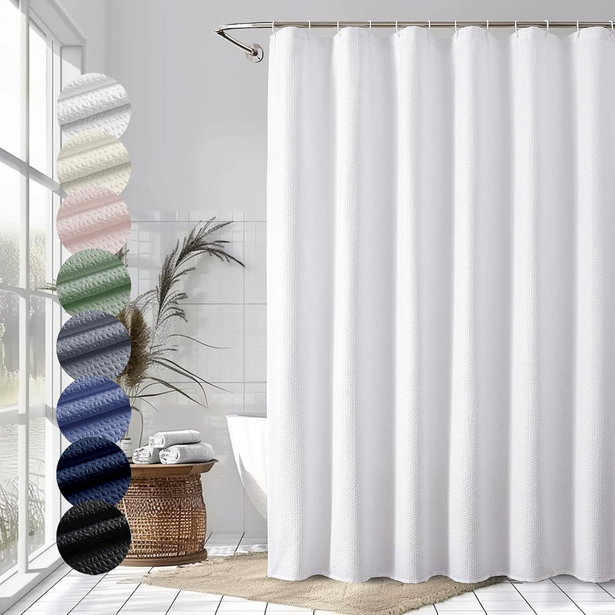 OVZME Berry White Shower Curtain front view hanging in a luxury modern bathroom setup.
