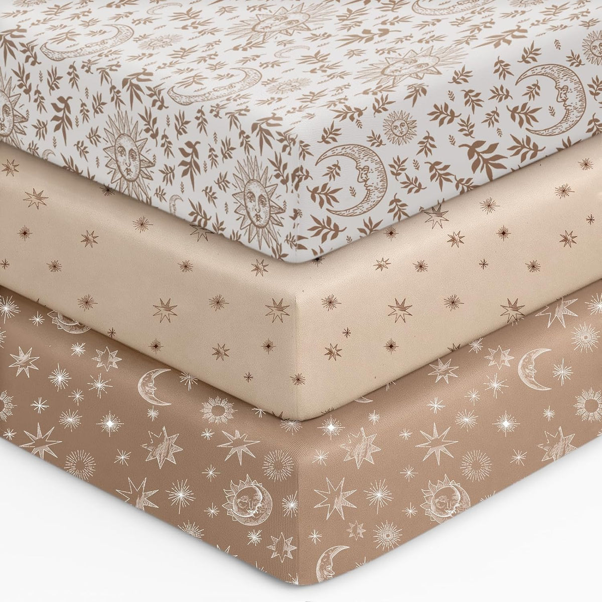 Unnivoll baby crib sheets front view in white brown sun god design