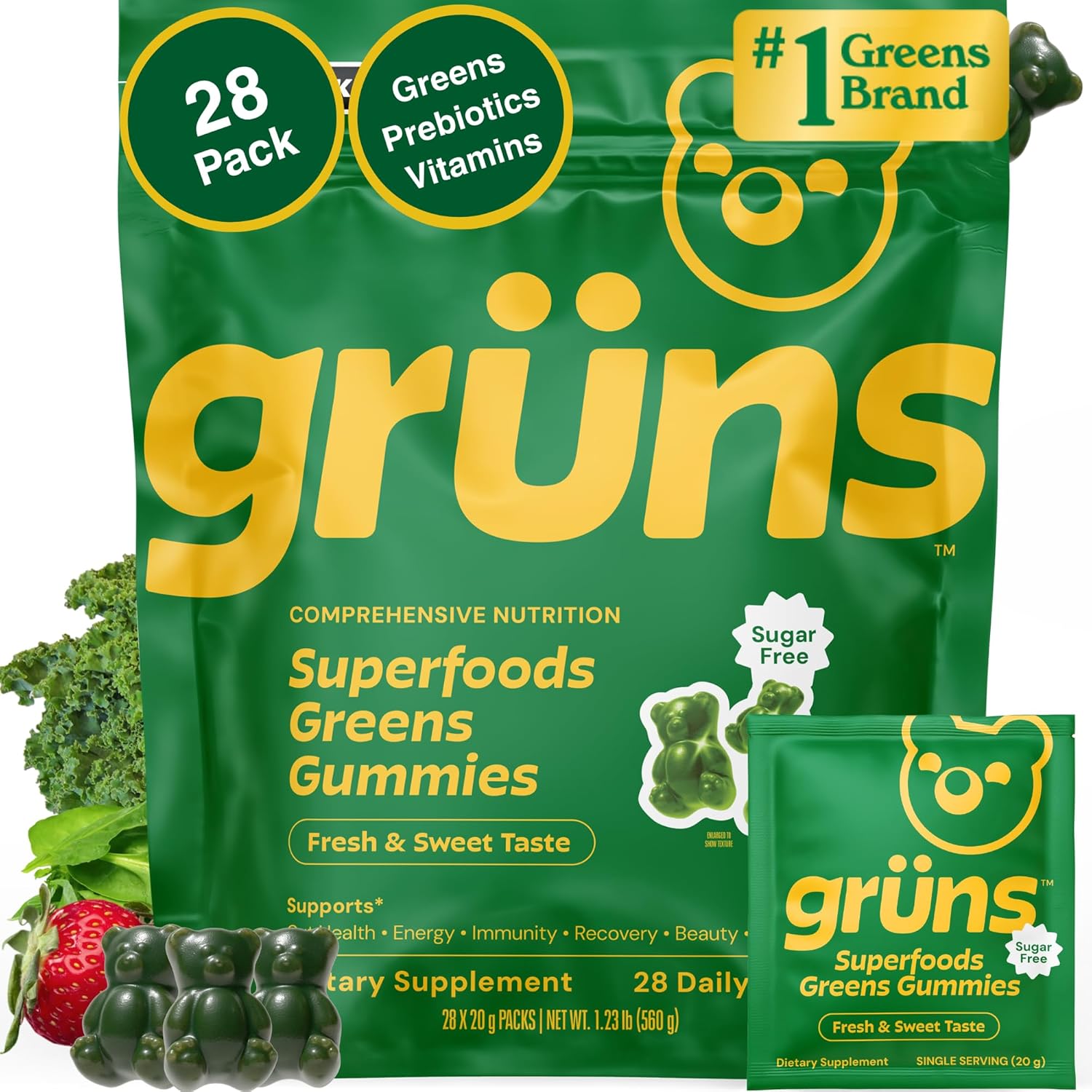Gruns Adult Sugar-Free Super Greens Multivitamin Gummies, Superfood Gummy Vitamins for Women and Men with Spirulina, Chlorella, Adaptogens & Prebiotic Fiber for Digestive Health (28 Count) - Image 1
