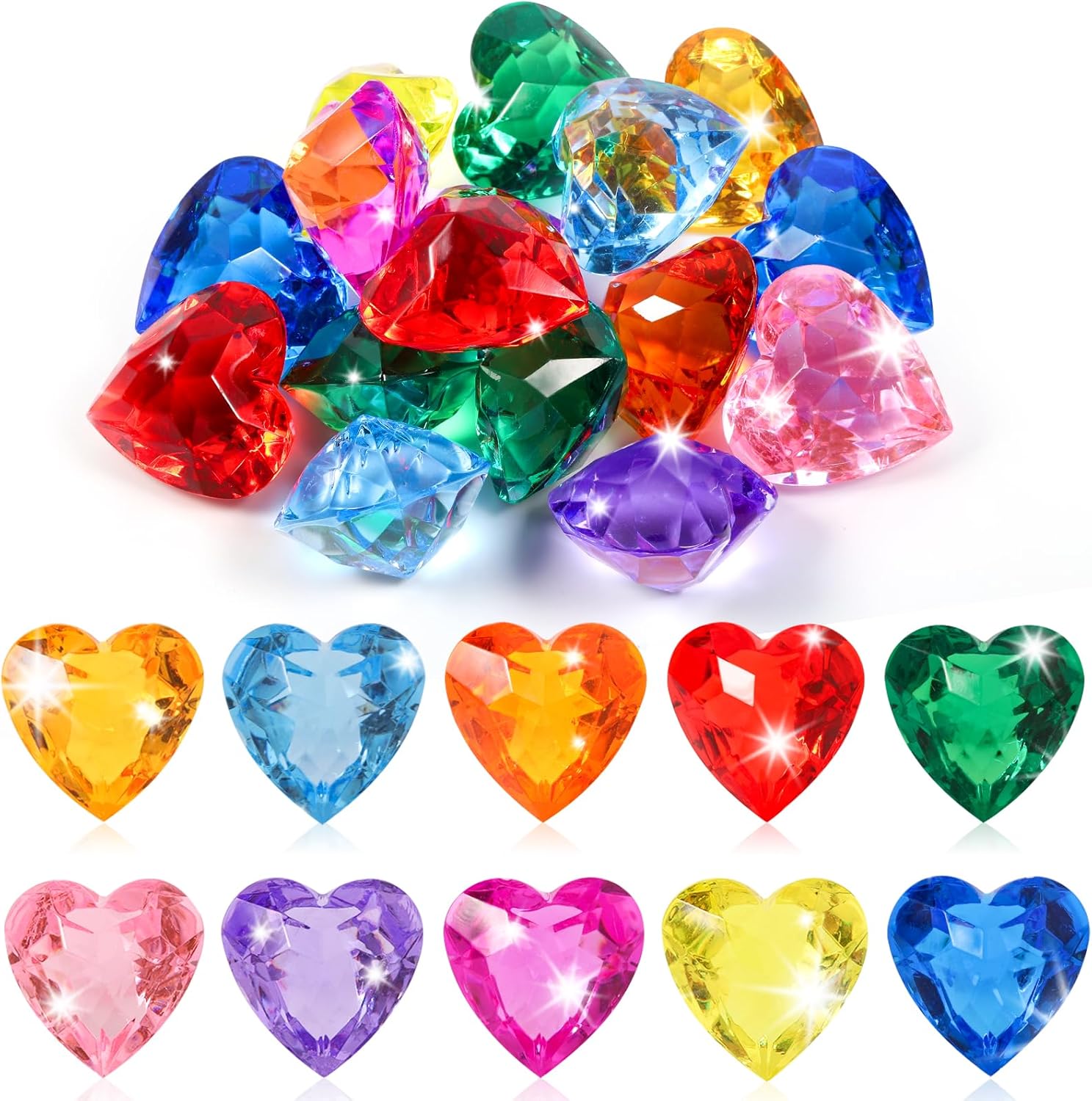 Niceup 3D heart diamond gemstones front view display pack of thirty colorful acrylic crystals.