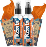 Koala Lifestyle anti fog spray for glasses four ounce bottle with microfiber cloths front view.