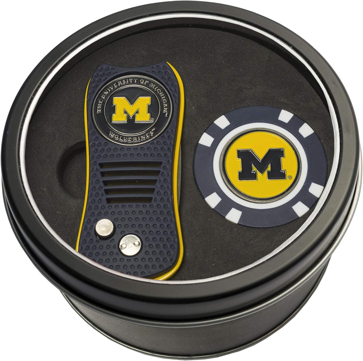 Team golf NCAA tin gift set front view showing metal container and accessories