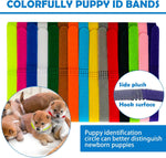 Ywingda puppy whelping supplies showing twelve multi colored identification collars and weight tracking charts.