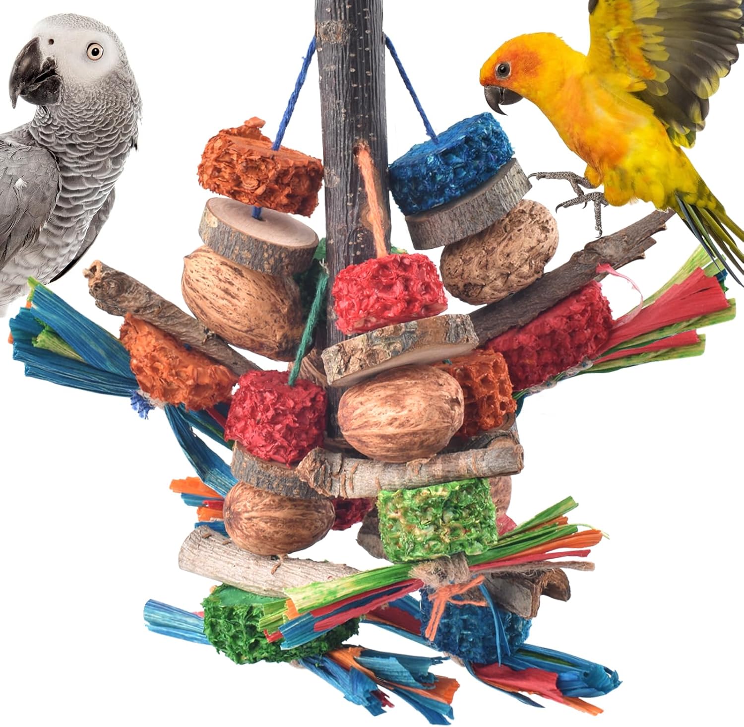 Bissap bird chew toys front view hanging in a cage for parrots