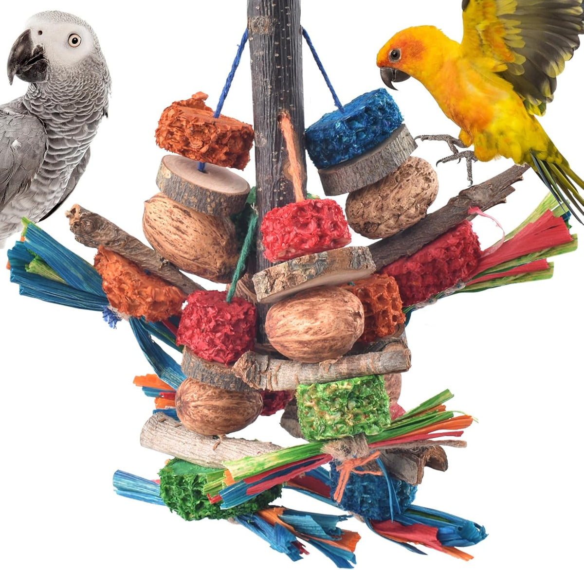 Bissap bird chew toys front view hanging in a cage for parrots