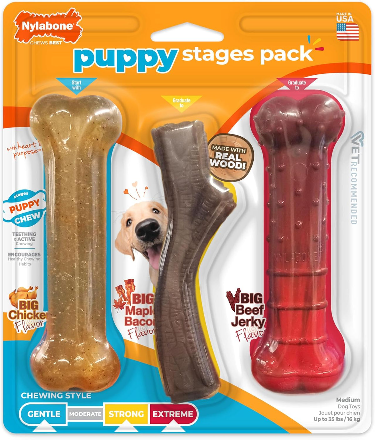 Nylabone puppy stages pack dog chew toys front view packaging