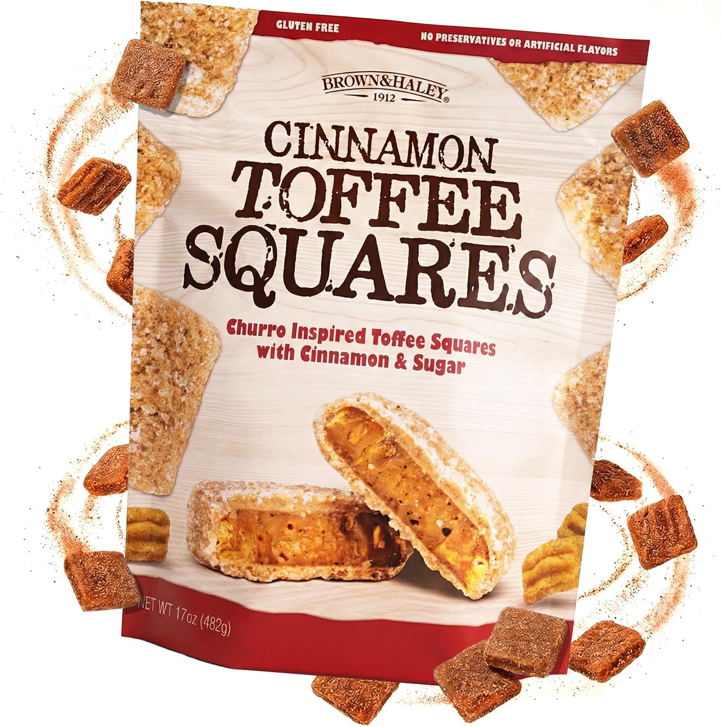 Brown & Haley Cinnamon Toffee Squares seventeen ounce bag front view displaying churro inspired packaging.