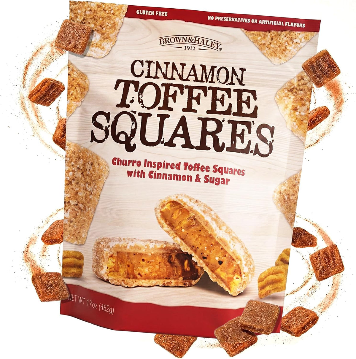 Brown & Haley Cinnamon Toffee Squares seventeen ounce bag front view displaying churro inspired packaging.
