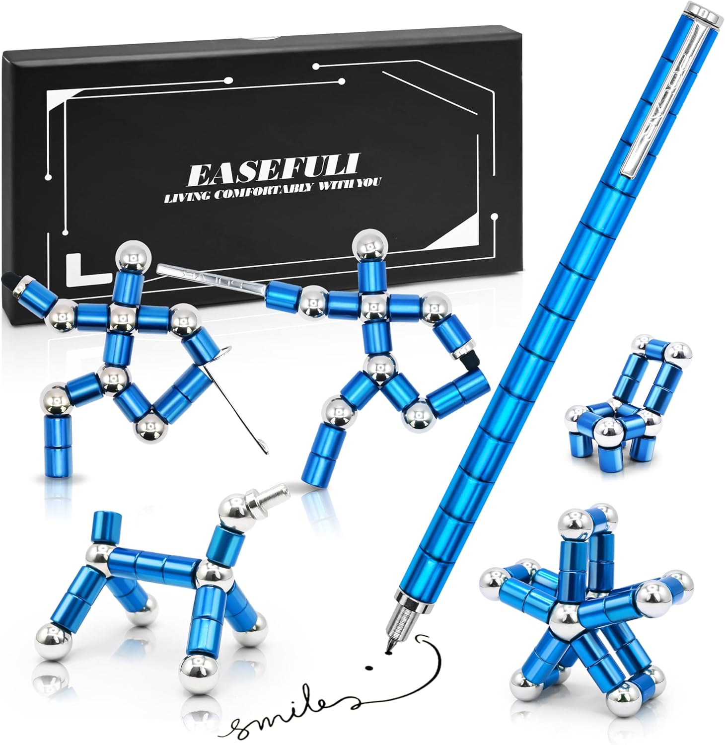 Felikray magnetic fidget pen toy in front view showing its blue metal body modular rings and steel ball connectors.