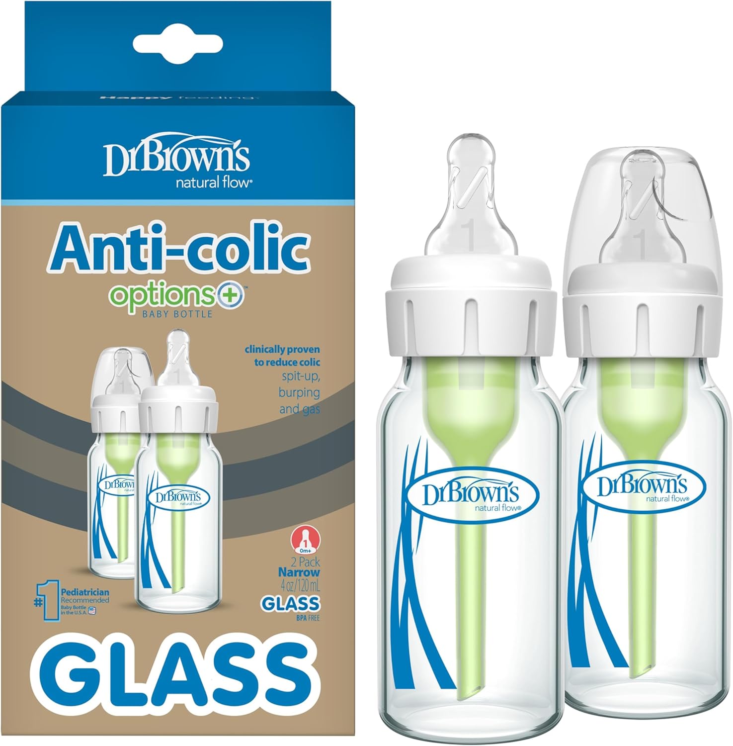Dr. Brown's anti-colic glass baby bottle front view