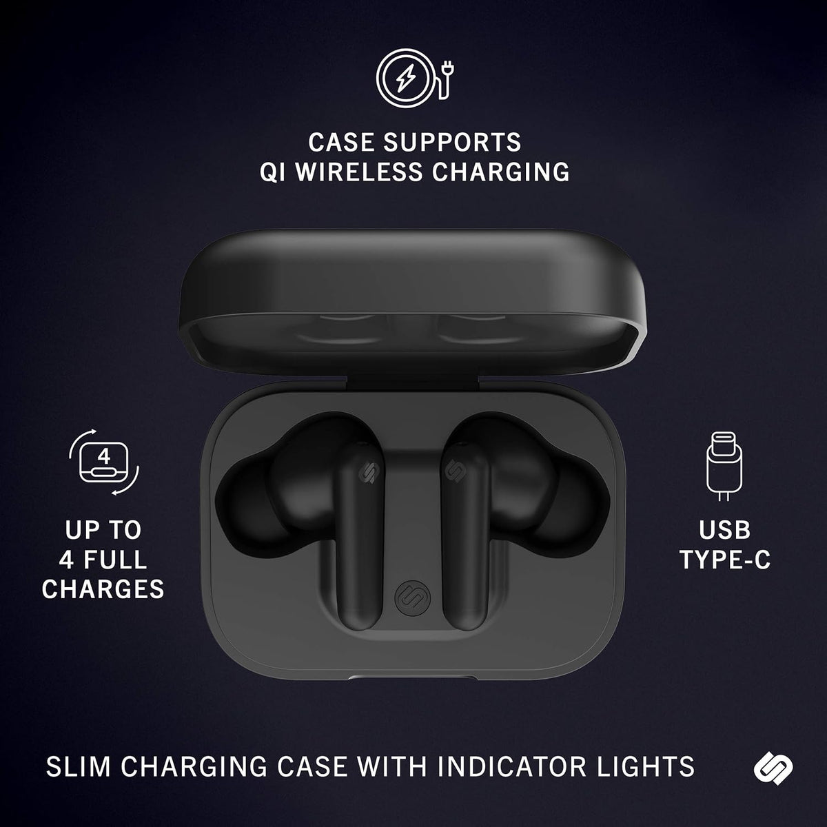 Urbanista London midnight black earbuds lifestyle view