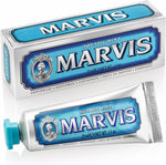 Marvis Aquatic Mint Toothpaste front view of retro silver tube with blue label