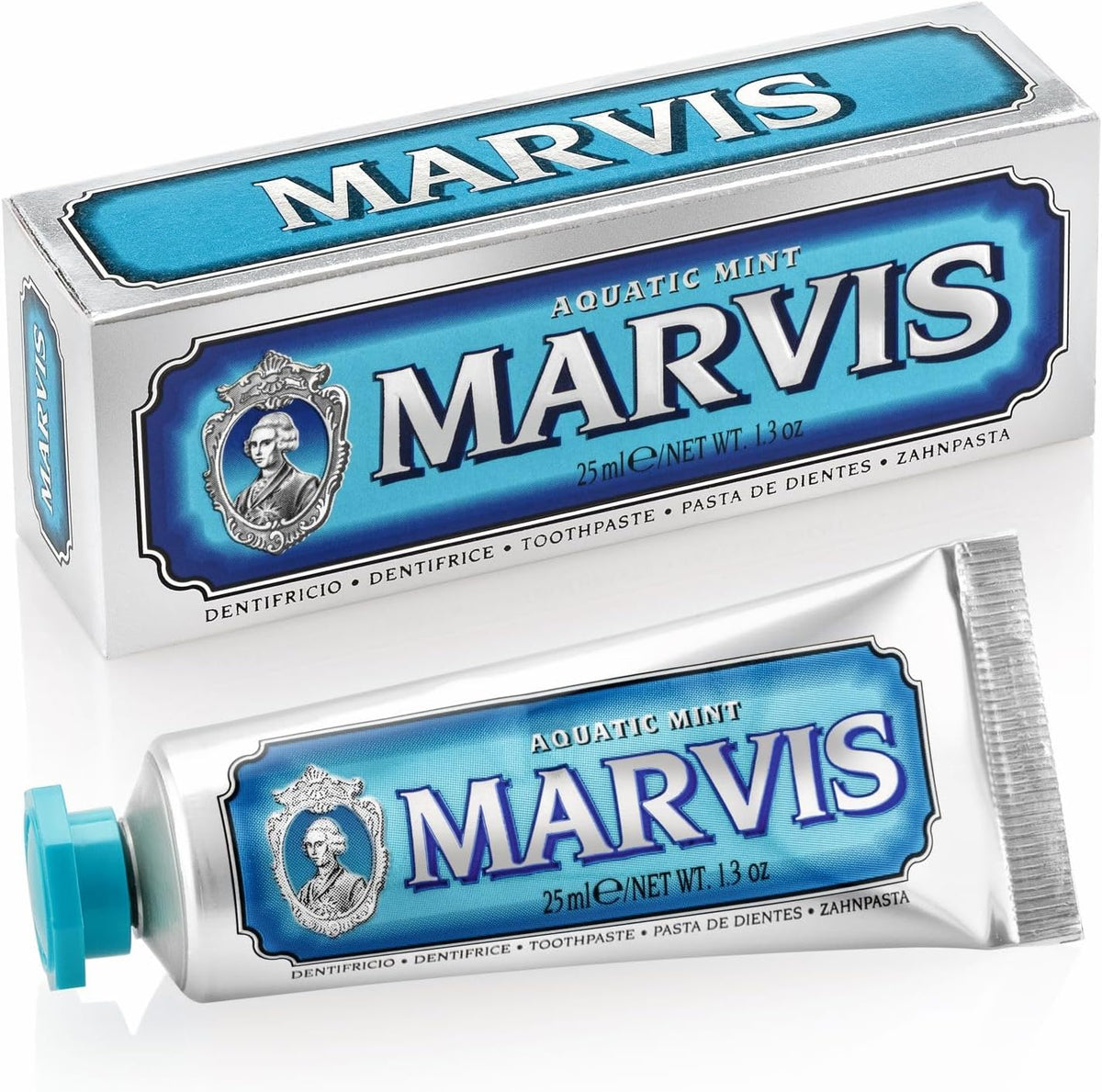 Marvis Aquatic Mint Toothpaste front view of retro silver tube with blue label