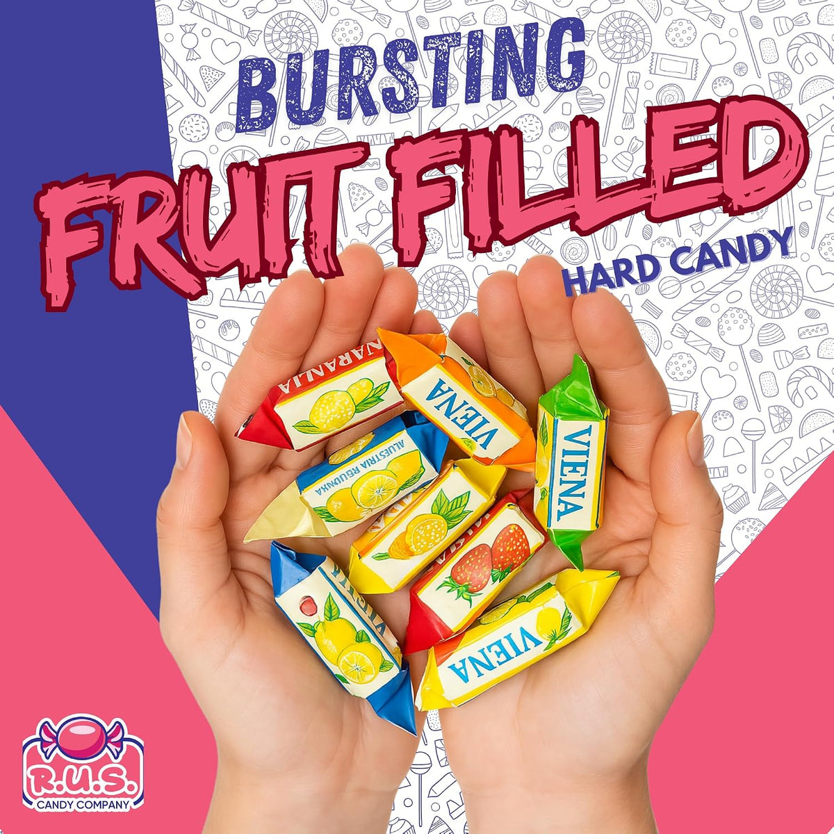 R.U.S. Candy assorted fruit filled candy pieces in transparent bowl