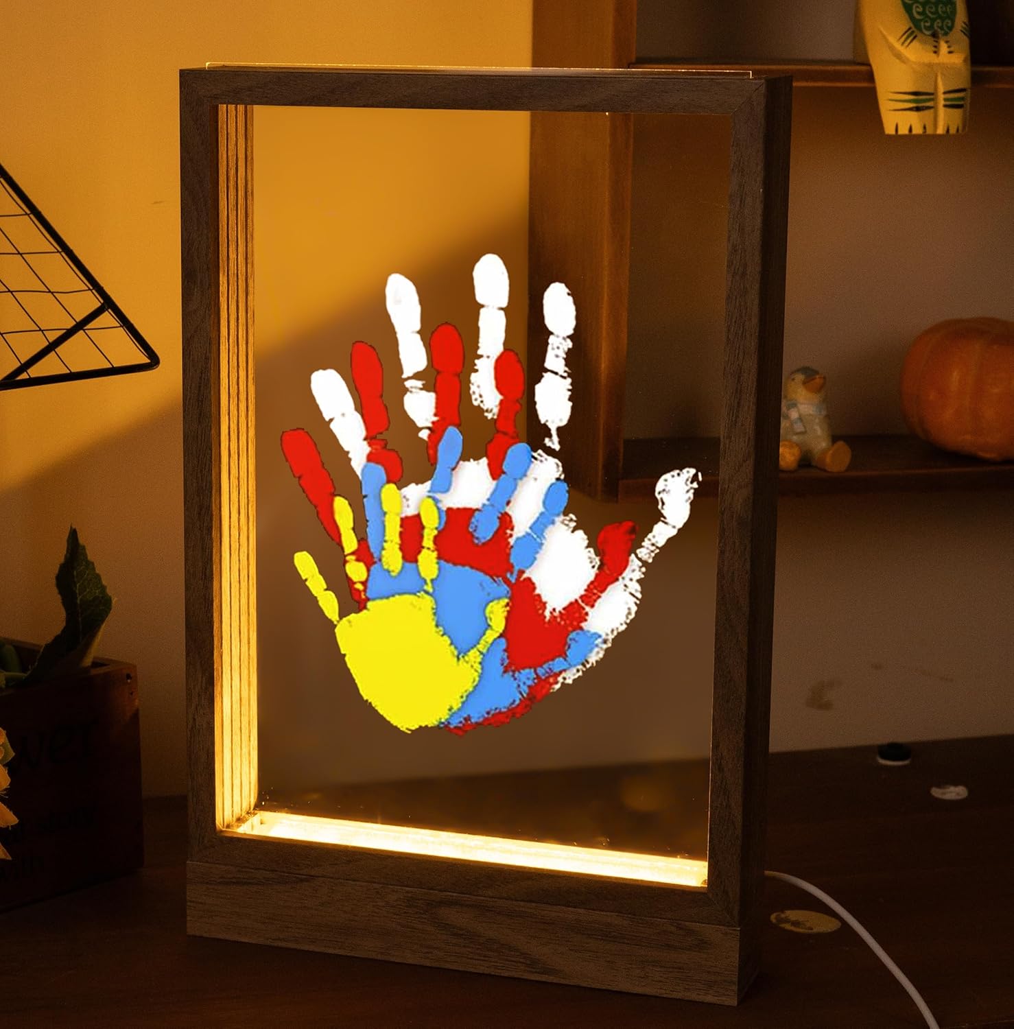 CHERRY CHEERS family handprint kit with illuminated wooden frame front view