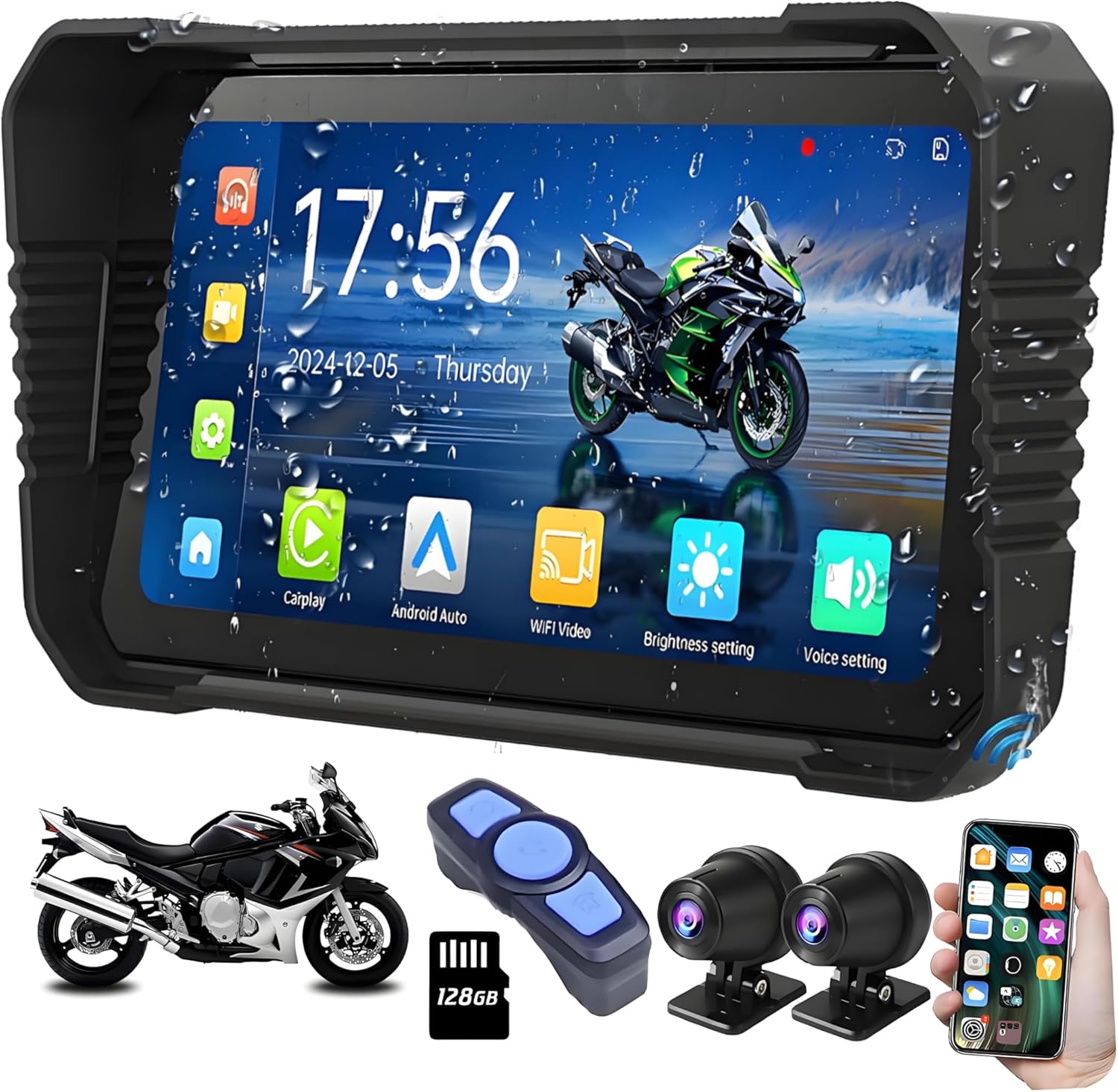 VUUZK wireless motorcycle carplay navigation system front view showing anti glare screen