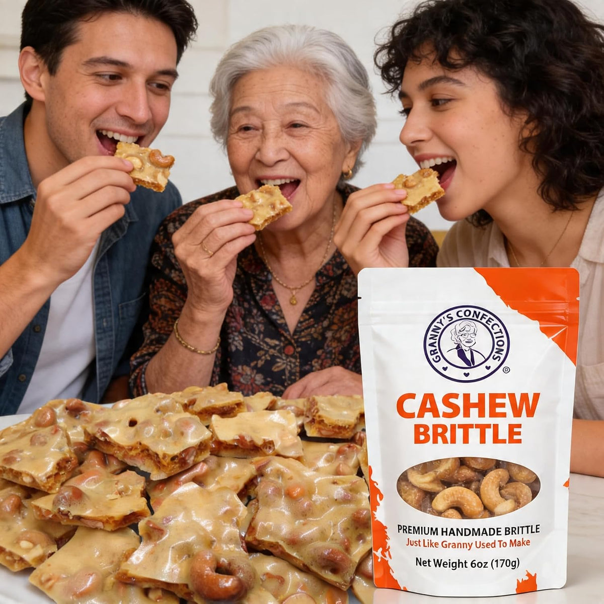 Close-up view of the premium handmade candy pieces showing the abundance of whole cashews embedded in the caramelized brittle.